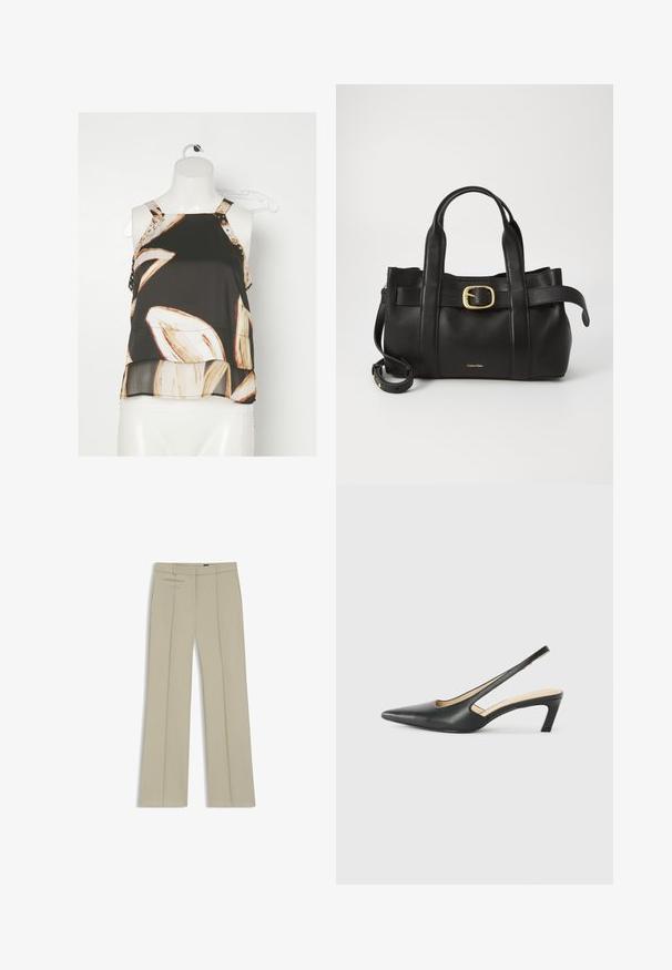 Sort ærmeløs bluse med blomstermønster i nuancer af creme og beige. Har dekorative stropper med guldnitter på skuldrene.; Beige skræddersyede bukser med vide ben, frontfolder, to vandrette sidelommer og et glat, let tekstureret stof.; Sorte spidse slingback-sko med en lav hæl, lavet af glat læder og med udskæringer på siden for åndbarhed.; Sort læderhåndtaske med et struktureret design, dobbelte toppegreb, guldtonet spændeaccents og præget logo på forsiden.
