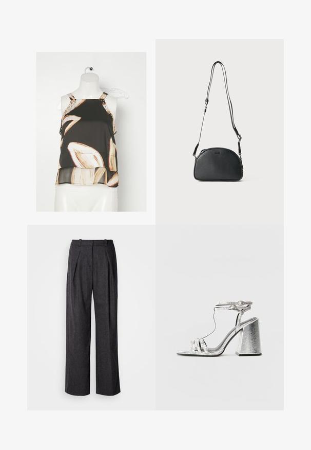 Musthave mustriga pluus, millel puuduvad varrukad ja floraline muster kreemi ja beeži toonides. Õlgadel on dekoratiivsed rihmad, millel on kullast nupud.; Tumedatehallid laiad püksid tekstuurse kangaga, millel on ees voldid ja klassikaline vöödisain. Nähtavaid taskuid pole.; Hallidega hõbedased sandaalid, millel on plokknööp, õhukeste rihmadega ja pahkluu klambriga. Materjalil on metallik viimistlus ja tekstureeritud välimus.; Must musta ristkõhu kott ümmarguse kujuga, kahe reguleeritava rihmaga ja diskreetse logoga ees. Tekstureeritud välimus, minimalistlik disain.