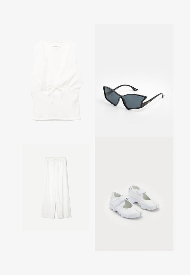 Witte mouwloze top met een V-hals, gestructureerde stof en een strik in de taille. Gladde zoom en casual ontwerp, geschikt voor warm weer.; Witte wijde broek met een trekkoord in de taille, weergegeven tegen een effen achtergrond, wat de ontspannen stijl en de textuur van de stof benadrukt.; Witte sportieve schoenen met een gestructureerde bovenkant, verstelbare klittenbandsluiting, ronde neus en een stevige zool met een opvallend profiel.; Zwarte plastic zonnebril met een geometrische cat-eye vorm, grijze lenzen en gouden accenten op de pootjes. Het hele montuur heeft een gladde textuur.