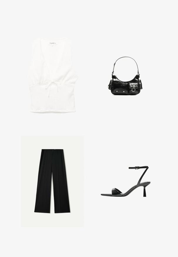 Biała, bezrękawnikowa bluzka z dekoltem w serek, wykonana z teksturowanej tkaniny, z wiązanym paskiem w talii. Gładki dół i swobodny krój, idealna na ciepłe dni.; Bershka WIDE czarny; Bershka - Sandały na obcasie; Czarna torebka z lakierowanej skóry o zaokrąglonym kształcie, z jednym paskiem na ramię, przednimi kieszeniami i akcentami w kolorze srebrnym.