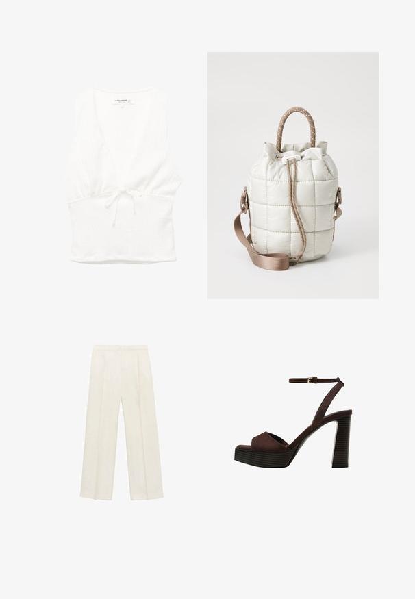 Weißes ärmelloses Oberteil mit V-Ausschnitt, strukturiertem Stoff und gebundenem Bund. Glatter Saum und lässiges Design, geeignet für warmes Wetter.; Weit geschnittene Hosen in einem hellen cremefarbenen Farbton. Hergestellt aus einem glatten Stoff mit Falten an der Vorderseite und seitlichen Taschen.; Braune Wildleder-Pumps mit offenem Zeh, verstellbarem Knöchelriemen und gestreiftem Plateausohlen.; Quilted, hellbeige Tasche mit cinchbarem Oberteil, ausgestattet mit einem geflochtenen Griff und einem abnehmbaren Riemen. Glatte Textur mit sanftem Glanz.