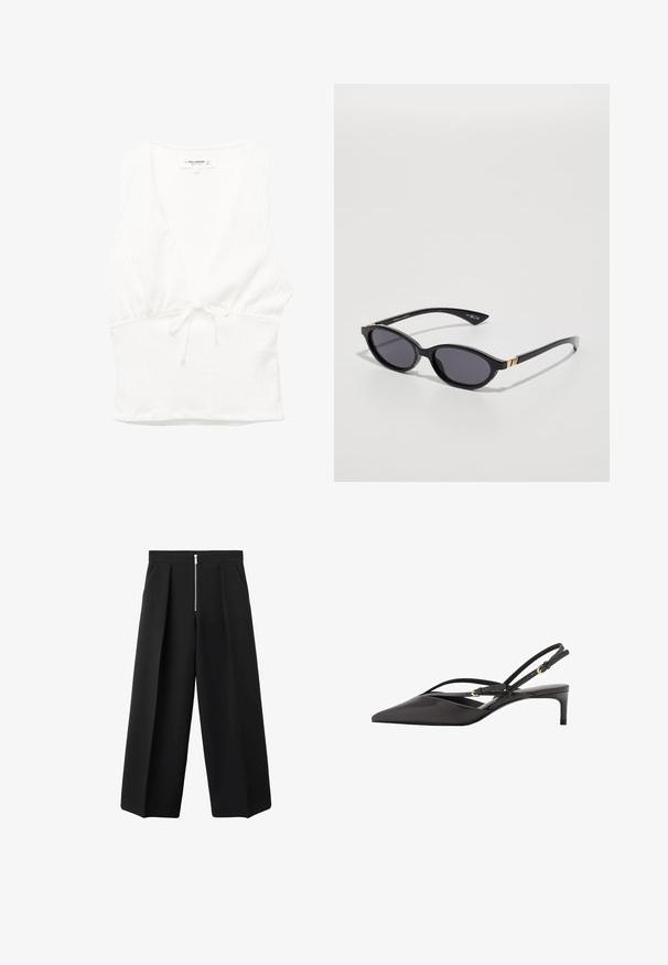 Valkoinen hihaton toppi, jossa on V-pääntie, teksturoitu kangas ja sidottava vyötärö. Suora helma ja rento muotoilu, sopii lämpimiin säihin.; Mustat leveät housut, joissa on etuplieet ja näkyvä hopea vetoketjukiinnitys vyötäröllä, tasainen etuosa ja sivutaskut.; Mustat nahkaiset slingback-korkokengät, joissa on terävä pää, hoikat nilkkahihnat ja matala stiletto-korko. Sujuva pinta ja minimalistinen muotoilu.; Mustat aurinkolasit, joissa on ovaalit linssit, tummat sävygradientit ja kapeat varret, joissa on hienovaraiset kultaiset yksityiskohdat. Sileä muovipinta.; Ruskean teksturoidun nahkasta valmistettu crossbody-laukku, jossa on kultaketjuhihna ja läppäkiinnitys. Edessä on logodetail ja tasku läppäisen alla.