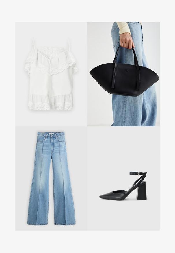 Valkoinen olkapäät paljastava hihaton pusero, jossa pitsikoristelu pääntiellä, hihoissa ja helmassa, säädettävät ohuet olkaimet.; Vaaleansiniset korkeavyötäröiset farkut, joissa on leveät lahkeet, etu- ja takataskut, vyölenkit sekä pystysaumadetailit edessä.; Mustat nahkakengät, joissa on kapea kärki, nilkkaremmi ja paksu korko. Tasainen pinta, tyylikäs muotoilu ja minimalistinen estetiikka.; Musta nahkainen käsilaukku, jossa on ainutlaatuinen tuulihattukuvio, jossa on litteät kahvat. Pinnassa on karkeapintainen rakenne ja minimalistinen muotoilu.