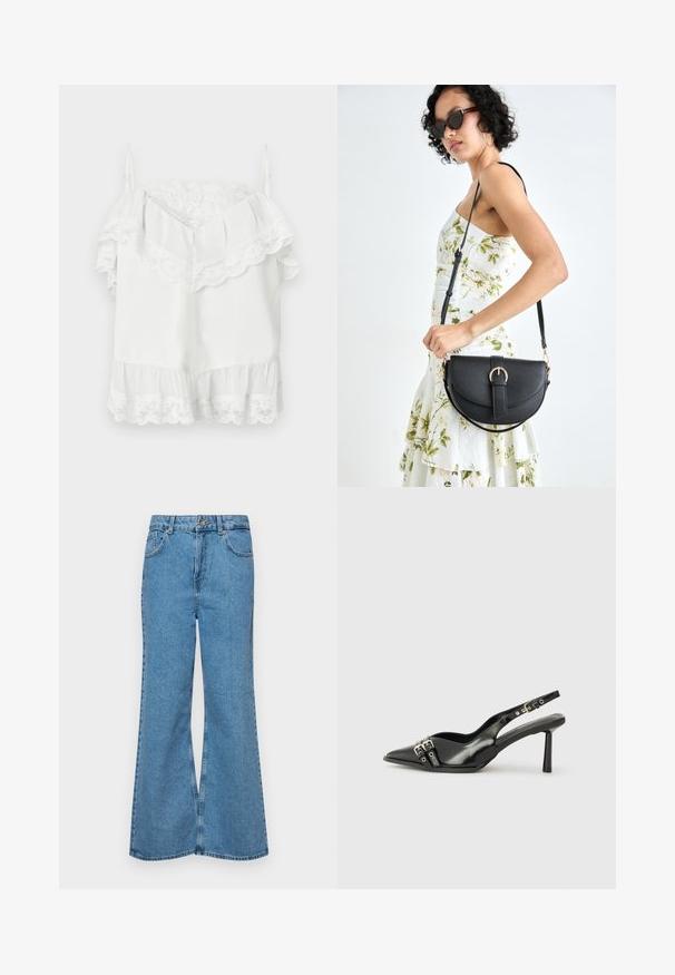 White off-shoulder sleeveless top with lace trim along neckline, sleeves, and hem, featuring adjustable thin shoulder straps.; Light blue flared jeans made of denim, featuring a high waist, five pockets, and a single button closure. Soft texture with faded finish.; Black patent leather slingback shoe with pointed toe, ankle straps featuring silver buckles and hardware, and a slender heel.; Black leather handbag with a curved shape, detachable strap, and gold hardware. The bag features a flap with a buckle detail.