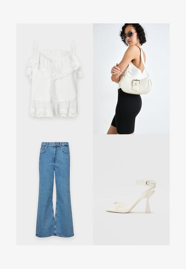 Top blanco sin hombros y sin mangas con ribete de encaje a lo largo del escote, las mangas y el dobladillo, con tirantes finos ajustables.; Jeans acampanados de color azul claro hechos de denim, con una cintura alta, cinco bolsillos y un cierre de botón. Textura suave con acabado desgastado.; Sandalía de tacón alto con tiras en cuero blanco, con un diseño elegante, un tacón bloque transparente y un elemento decorativo en la punta.; Bolso de piel blanco con forma curvada, correa ajustable y un pequeño detalle de hebilla. La modelo lleva un conjunto negro ajustado.