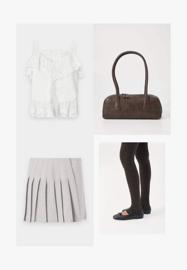 Weißes trägerloses Off-Shoulder-Oberteil mit Spitzensaum entlang des Ausschnitts, der Ärmel und des Saums, ausgestattet mit verstellbaren dünnen Schultergurten.; Grauer plissierter Rock mit glatter Textur, der mehrere vertikale Falten und eine taillierte Taille aufweist. Hergestellt aus leichtem Stoff.; Schwarze flache Schuhe mit einem kleinen Schleifendetail an der Zehe, kombiniert mit dunkelbraunen gerippten Strumpfhosen. Die Schuhe haben eine glatte Textur und ein niedriges Profil.; Braune Lederhandtasche mit zwei stabilen Griffen, rechteckiger Form, glatter Oberfläche und Reißverschluss. Minimalistisches Design ohne sichtbare Muster.
