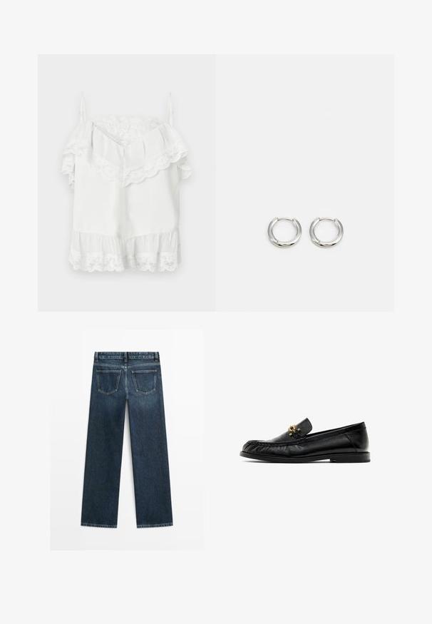 White off-shoulder sleeveless top with lace trim along neckline, sleeves, and hem, featuring adjustable thin shoulder straps.; Dark blue denim jeans with a straight cut, featuring two back pockets and visible stitching along the seams and hems.; Black leather loafers with a rounded toe, textured upper, and gold-tone hardware accent on the vamp. Flat sole with minimal tread.; Silver hoop earrings with a polished finish, featuring a circular shape and a hinge closure, emphasizing sleek and minimalist design.