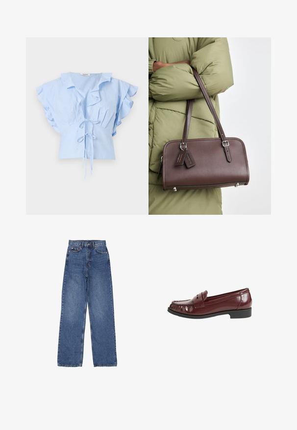 sandro Bluse - bleu ciel; Denim jeans med høj talje og bred ben, med en klassisk blå vask, synlig syning og metalhardware på frontlommen.; Bordeaux patenteret læder loafers med en syet, rund tå og et lille dekorativt bånd. Lav, sort gummihæl. Glat tekstur.; Brun læderhandbag med rektangulær form, aftagelig rem og sølvfarvet hardware. Har to tags hæftet til håndtaget.