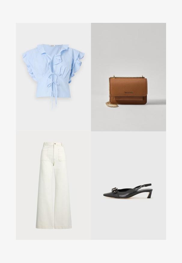 sandro Pluus - bleu ciel; Laiad teksad heledast denimist. Kõrge vöökoht, nööbivöö, kaks esikotitäit ja kontrastsed õmblused.; Must must nahk slingback kingad terava varbaga, väikese kontsaga ja dekoratiivse pandlaga ülaosas. Sile tekstuur, minimalistlik disain.; Pruun tekstureeritud nahk ristkeha kott kuldse ahelaga rihmaga ja klapiga sulgemine. Esiküljel on logo detail ja tasku klapi all.