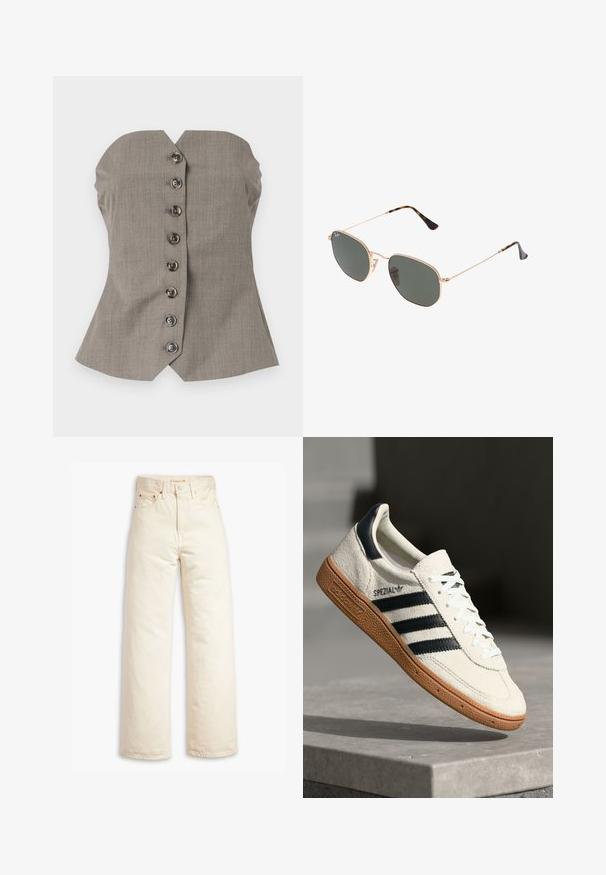 Szürke, testhez simuló felső, strukturált dekoltázzsal, széles vállkivágással és hat dekoratív gombbal az elején. Texturált anyag.; Beige, bővített szárú farmernadrág, pamut denim anyagból. Jellemzői: magas derék, gombos záródás és öt zsebes dizájn. Simított, tartós textúra.; Fehér velúr sneaker tengerészkék csíkokkal, gumitalppal, textúrált felső résszel, kerek orral és fűzős kialakítással; a cipő oldalán és a nyelvén logó található.; Arany fémkeretes napszemüveg sötétzöld lencsékkel, pilóta stílusban, vékony karokkal és teknősbékás díszítéssel a végeken.; Fekete steppelt táska arany lánc pánttal, jellegzetes arany zár mellett és egy kis címkével, amely textúrált bőrfelületet mutat be.