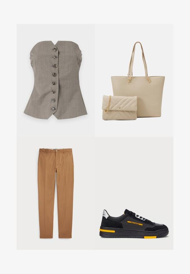 Graues enges Top mit strukturierter Corsage, weitem Schulterdesign und sechs dekorativen Knöpfen auf der Vorderseite. Texturiertes Material.; Braune Baumwollhosen mit schmalem Schnitt, flachem Vorderteil und Standardtaschen; glatte Textur und abgeschnittene Säume.; Schwarze Sneaker mit einem Obermaterial aus Wildleder und Mesh, gelben Akzenten und einer dicken schwarzen Sohle. Schnürverschluss und "POLO SPORT"-Markenlogo an der Seite.; Beige Einkaufstasche mit flachen Henkel, glatter Textur und goldenem Zubehör, kombiniert mit einer passenden gesteppten Clutch mit Kettenriemen.