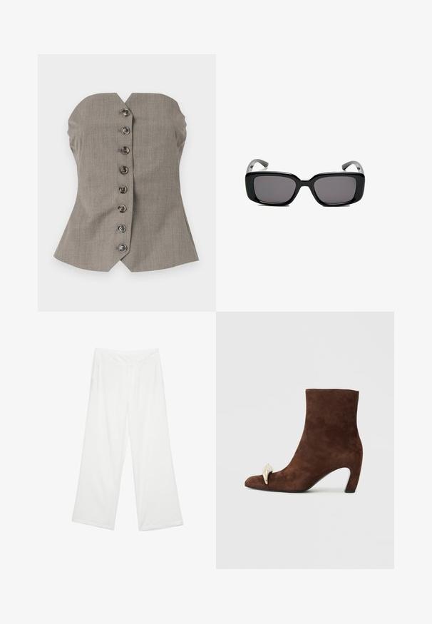 Gray fitted top with a structured bodice, wide shoulder design, and six decorative buttons down the front. Textured fabric.; Wide-leg trousers in white fabric, featuring a smooth texture, front pockets, and a classic waistband with belt loops.; Brown suede ankle boot with a pointed toe, featuring a gold-tone accent on the front and a curved heel. Smooth texture, structured design.; Black rectangular sunglasses with dark lenses, smooth plastic frame, and curved temples. The design is chunky with a minimalist aesthetic.; Brown suede tote bag with dual handles, a button closure strap, and a relaxed, slightly slouchy shape.