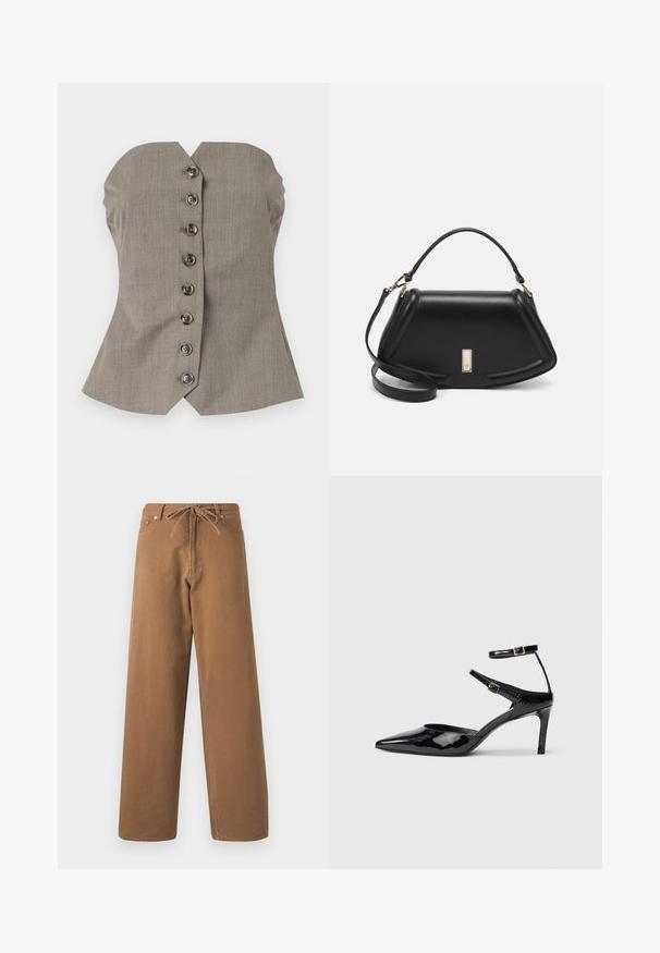 Gray fitted top with a structured bodice, wide shoulder design, and six decorative buttons down the front. Textured fabric.; Brown wide-leg pants made from cotton, featuring a drawstring waist and two front pockets. Textured fabric with a smooth finish.; Black patent leather heels with a pointed toe, adjustable ankle straps, and a slender heel. Smooth texture with a shiny finish.; Black leather handbag with a structured design, featuring a cropped shape, top handle, and gold hardware accent. Adjustable shoulder strap included.