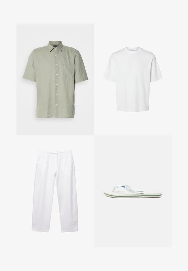 Camicia a maniche corte con bottoni in lino verde chiaro, con colletto, taschino anteriore e cinque bottoni bianchi lungo la patta.; T-shirt bianco in cotone con maniche corte, scollo rotondo e vestibilità rilassata. Texture liscia senza pattern o dettagli visibili.; Pantaloni bianchi, larghi e realizzati in tessuto leggero. Presentano un elastico in vita con cordino e due tasche laterali.; Infradito bianchi con una soletta testurizzata, strap sottile e una linea di accento multicolore sulla suola. Presenta il logo sulla fascia.