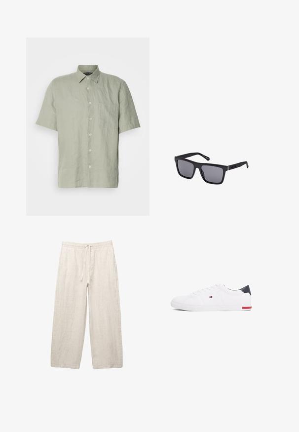 Korte mouw knopshirt in lichtgroene linnen, met een kraag, een voorzak en vijf witte knopen langs de knoopsluiting.; Linnen broeken in lichtbeige, met een elastische tailleband met een trekkoord, een wijde pasvorm en zijzakken. Gladde textuur.; Witte lage sneakers gemaakt van glad leer. Beschikt over een marineblauwe hielkap en een rode accent op de zool. Zes oogjes voor veters.; Zwarte rechthoekige zonnebril met donkere lenzen, een matte afwerking en logo-detail op de sluiting. Het ontwerp heeft rechte randen en dikke monturen.