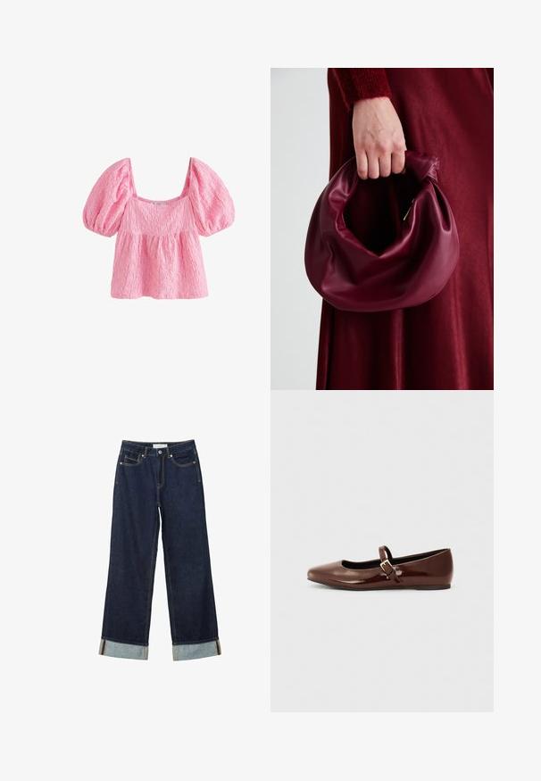Světle růžová blůza s nafouknutými rukávy, texturovaným materiálem, čtvercovým výstřihem a volným střihem. Obsahuje nařasený pas pro větší objem.; Tmavě modré kalhoty s širokými nohavicemi a vysokým pasem, s ohrnutými manžetami, kontrastním prošíváním a pěti kapsami. Vyrobené z denimové tkaniny.; Hnědé lakované baletky s hranatou špičkou a páskem se zlato-barevným přezkou. Hladký povrch, nízký podpatek a minimalistický design.; Burgundská kožená kabelka s měkkým, nabíraným designem a zaobleným tvarem. Ucho je zajištěné a vykazuje hladkou texturu.