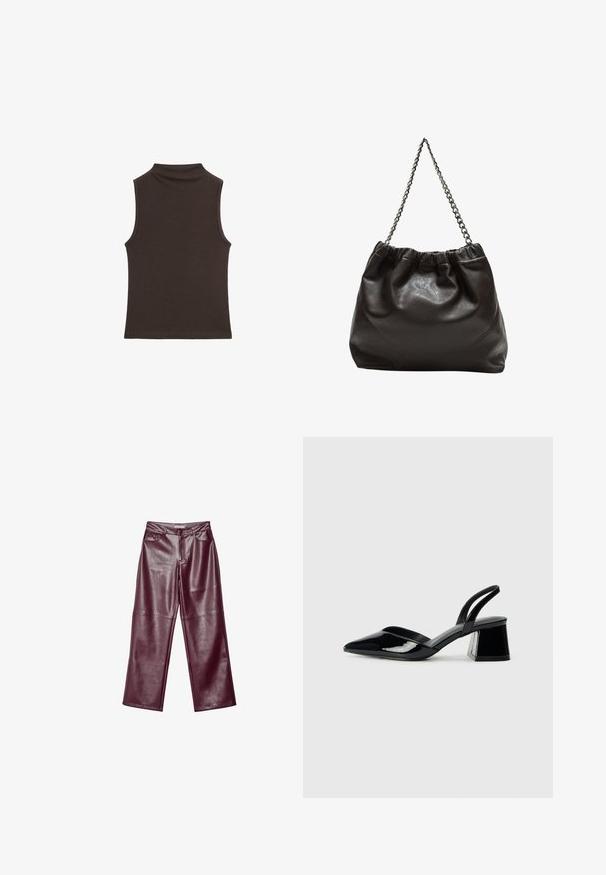 Haut sans manches brun avec un col montant, texture lisse, design ajusté et bords nets, idéal pour le superposition ou une tenue décontractée.; Pantalons en cuir bourgogne à jambes larges avec une texture lisse, dotés d'une fermeture éclair, de poches avant et d'une coupe ajustée.; Escarpins en cuir verni noir avec bout pointu et talon bloc géométrique. Présente un design élégant et minimaliste ainsi qu'une texture lisse.; Sac en cuir marron avec un haut froncé et une bandoulière en chaîne. Texture lisse avec une finition brillante et des coutures subtiles sur les côtés.