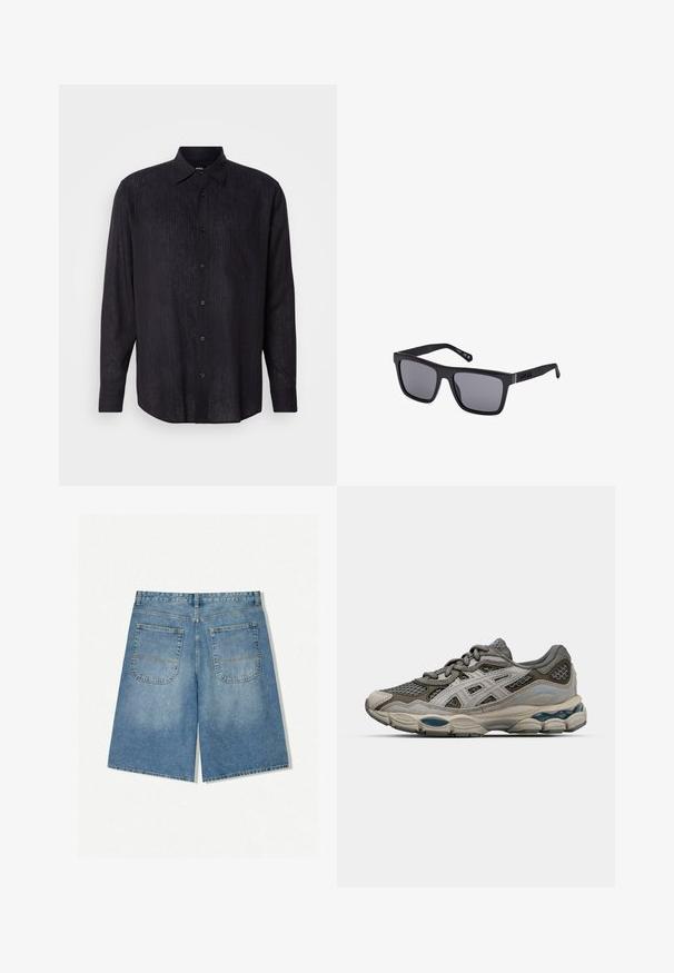 Temno moderna srajca dolgimi rokavi z ovratnikom z gumbi, ki ima vodoravne črtice, sprednji žep in gladko teksturo.; Denim kratke hlače v svetlo modri barvi s sproščenim krojem, ki imajo dve zadnji žepu in vidne šive. Tkanina ima mehak in gladek teksturo.; Sive in bež športni čevlji z mrežnimi paneli, pikčasto teksturo in srebrnimi akcenti. Imajo oblazinjeno podplat in vezalni dizajn.; Črne pravokotne sončne očala z temnimi lečami, mat finišem in logotipom na nosilcu. Oblikovanje vključuje ravne robove in debele okvirje.