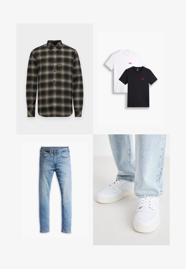 Camisa de flanela em padrão xadrez preto e bege, com mangas longas, botão à frente, colarinho pontudo e um pequeno emblema da marca no bolso do peito.; Duas t-shirts de mangas curtas: uma branca e uma preta. Ambas feitas de algodão com um logótipo vermelho da Levi's no peito. Design simples de gola redonda.; Jeans de denim azul claro com um corte straight, cinco bolsos, fecho de botão e um desbotamento sutil por toda a peça.; Sneakers brancos de couro de cano baixo com biqueira perfurada, atacadores planos e design minimalista. Combinados com jeans de ganga de cor azul clara.