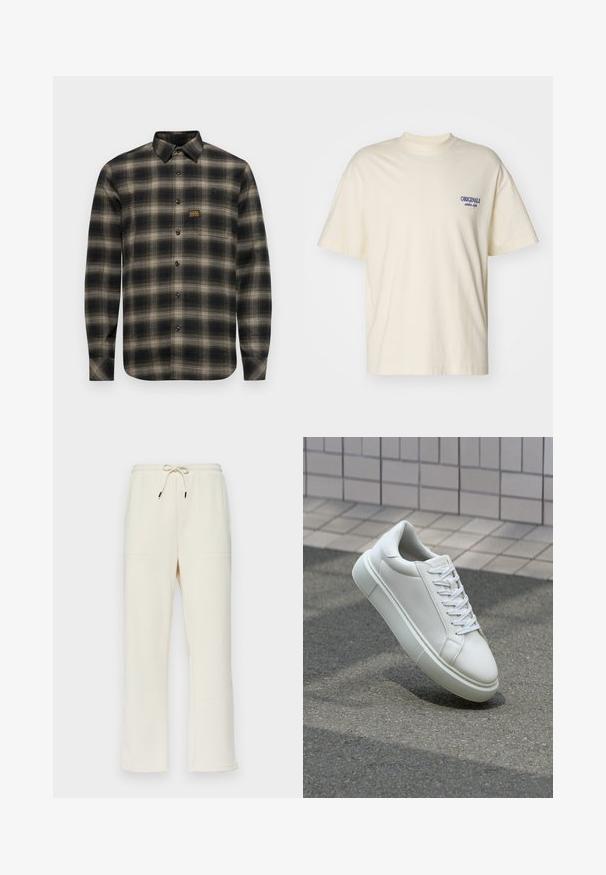 Juoda ir bežinė languota flanelinė marškinė su ilgomis rankovėmis, mygtukų užsegimu priekyje, smaigalio tipo apykakle ir maža prekės ženklo etikete ant krūtinės kišenės.; Trumpas rankovės kreminės spalvos marškinėliai, pagaminti iš medvilnės. Savyje turi nedidelį mėlyną "ORIGINALS" logotipą kairėje krūtinės pusėje. Klasikinis pjūvis ir apvalus kaklas.; Kreminės spalvos raukšlėtos kelnės su raišteliu talijoje, su dviem šoninėmis kišenėmis ir tiesiai nukirptu dizainu.; Balti odiniai sportbačiai su lygiu paviršiumi, apvalia nosimi ir plokščiomis baltomis raištelėmis. Yra tekstūruotas gumos padas ir minimalizmas dizaino elementuose.