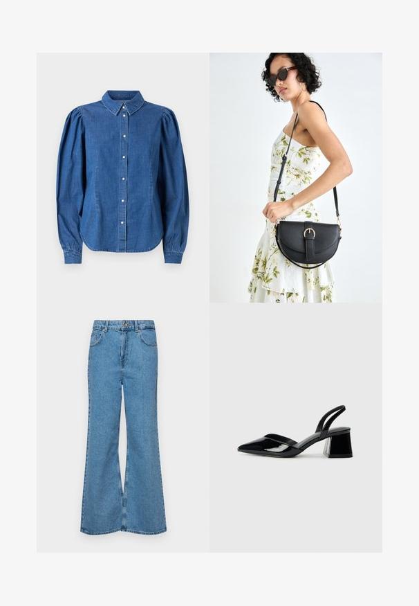 Camisa de ganga de cor azul clara, com fecho de botões na frente e colarinho ajustado. Apresenta mangas longas bufantes e uma bainha curva.; Jeans de brim azuis claros, com corte à boca de sino, apresentando uma cintura alta, cinco bolsos e um fecho de botão único. Textura macia com acabamento desbotado.; Sandy em verniz preto com salto slingback, ponta afilada e salto geométrico. Apresenta um design elegante e minimalista com textura suave.; Bolsa de couro preta com forma curva, alça destacável e detalhes em dourado. A bolsa possui uma aba com detalhe de fivela.