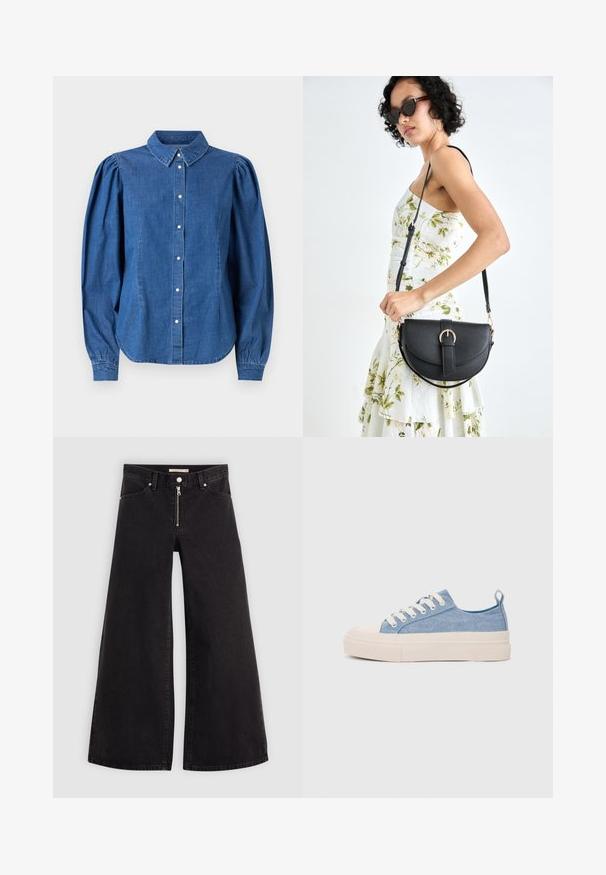 Džinsinė marškiniai šviesiai mėlynos spalvos, su mygtukais priekyje ir pritaikytu apykakle. Turi pūkuotas ilgas rankoves ir išlenktą apačią.; Plačios kojų džinsai iš juodo džinsinio audinio su užtrauktuku priekyje, penkių kišenių dizainu ir subtiliais siuvinėjimo akcentais. Lygus paviršius ir laisvalaikio stilius.; Šviesiai mėlyni drobės sportbačiai su kreminiu guminiu pirštų apsaugos ir pado elementu, balti raišteliai ir kilpa ant kulno.; Juodas odinis krepšys su išlenkta forma, nuimamu dirželiu ir auksiniais detalėmis. Krepšys turi kilpą su sagtimi.