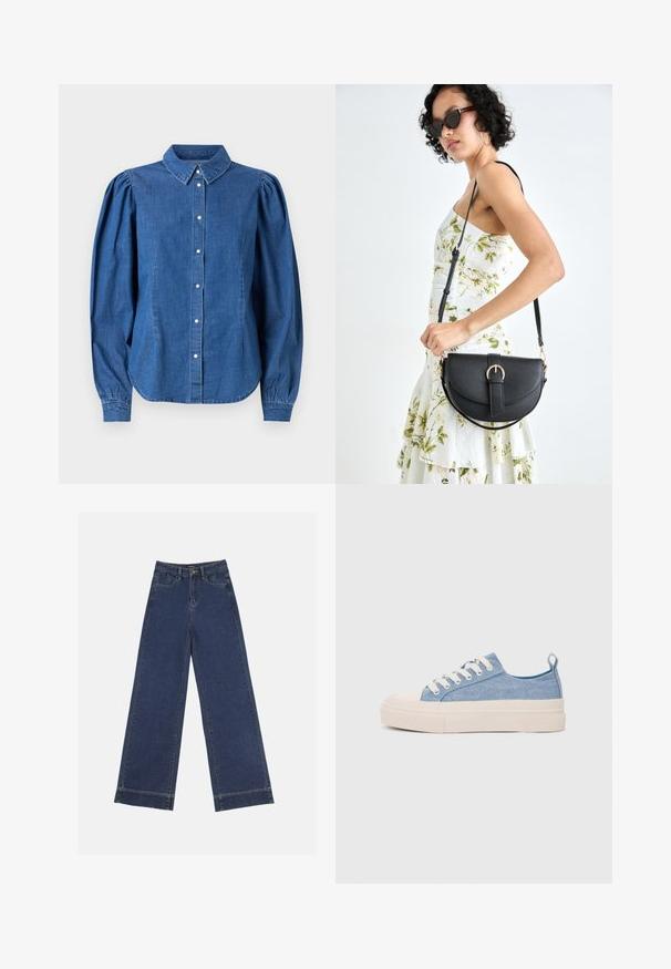 Jeanskjorte i lyseblå farge, med knappelukking foran og skreddersydd krage. Har puffer på lange ermer og en avrundet kant.; Videbenede dressbukser i mørkeblå denim. Har fem lommer, beltestropper og en rå kant i bunden med synlige stikninger.; Lys blå canvastøfler med en kremfarget gummitupp og yttersåle, med hvite snørebånd og en løfteløkke på hælen.; Svart lærveske med en buet form, avtagbar stropp og gullbeslag. Vesken har et klaff med spenne-detall.