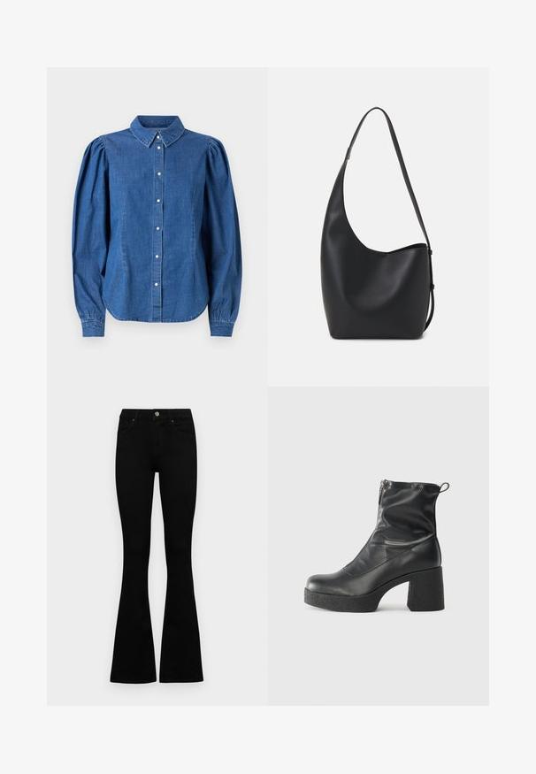 Cămașă din denim de culoare albastră deschisă, cu închidere butonată frontală și guler ajustat. Prezintă mâneci lungi cu volane și o tijă curbă.; Jeans negri cu talie înaltă, cu închidere prin nasture și fermoar, buzunare frontale și picioare evazate, așezați pe un fundal alb.; Bocanci negri de glezna din piele netedă, cu fermoar lateral, toc texturat și masiv, și design cu vârf rotund.; Geantă hobo din piele neagră, cu o textură netedă, formă curbată și un singur bretele ajustabil; are o deschidere largă în partea de sus.