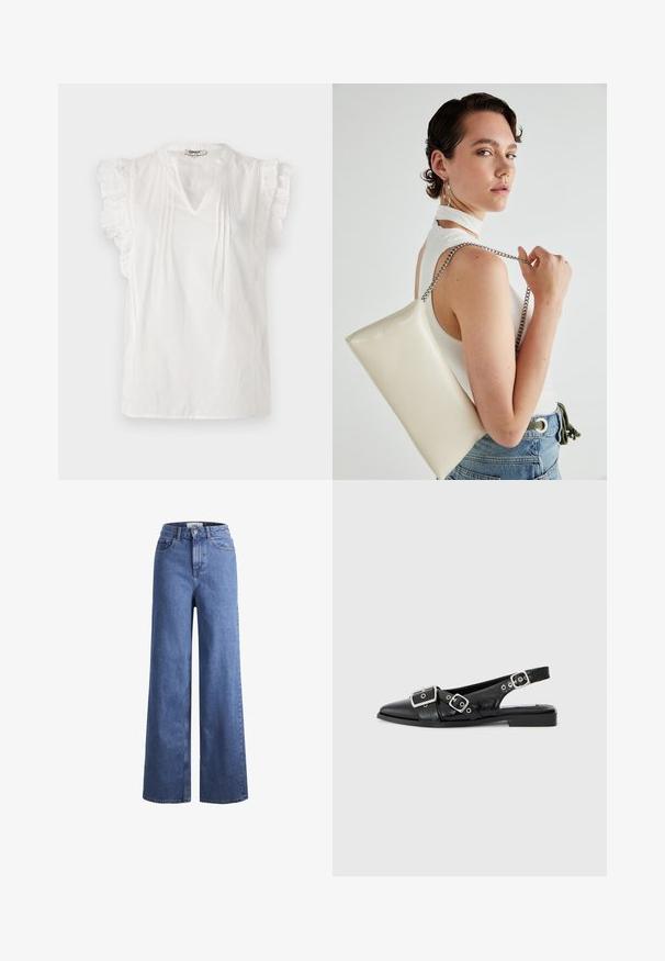 Balta īsām piedurknēm blūze ar volāniem, V-veida kakla izgriezumu, plisētām daļām un punktiņu tekstūru visā virsmā. Izgatavota no viegla auduma.; Gai zili džinsi ar platu kāju un augstu jostu, divas priekšējās kabatas un redzamu šuvju. Iekļauj pogas un rāvējslēdzēja aizdari.; Melna ādas pārmests kurpes ar norādītu purngalu, diviem sudrabotiem sprādzēm un zemu bloku papēdi. Iekļauj teksturētu augšdaļu un atvērtu aizmuguri.; Balts taisnstūra clutch soma, izgatavota no spīdīga materiāla, ar sudraba ķēdes siksnu. Modelis pozē, demonstrējot somu uz vienkārša fona.