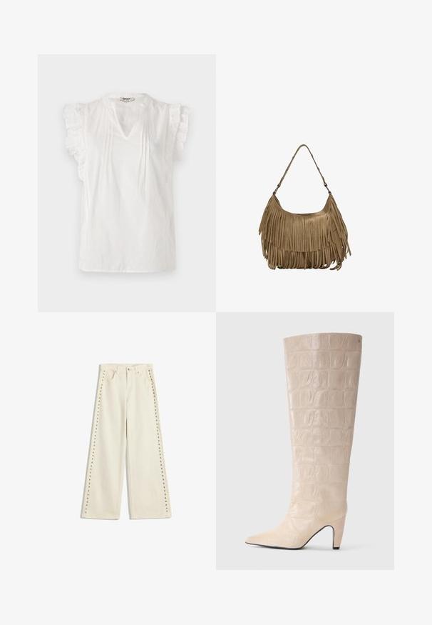 Bílá krátkosrstá blůza s volánkovými detaily, výstřihem do V, sklady a texturou s tečkami. Vyrobena z lehkého materiálu.; Světle krémové široké džíny s kovovými cvočky podél vnějších švů, pěti kapsami a standardním zapínáním na knoflík.; Krémová kožená vysoká bota z faux krokodýlí kůže s špičatou špičkou a zúženým podpatkem. Hladký povrch s výrazným vzorem po celé délce holeně.; Hnědá semišová kabelka s dlouhými třásněmi, zakřiveným tvarem a jedním ramenním popruhem. Vyznačuje se hladkým, texturovaným povrchem.