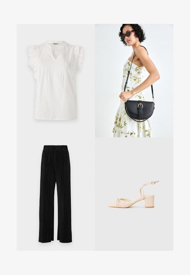 Hvit kortermet bluse med volanger, V-hals, plisseringer og prikkede detaljer. Laget av lett stoff.; Sorte plisserte bukser med elastisk midje. Har vide ben og et glatt, strukturert stoff med vertikale striper.; Beige stroppete høye sandaler med firkantet tå, tvunnet frontdesign, ankelstropp og blokkhæl. Glatt tekstur, minimalistisk stil.; Svart lærveske med en buet form, avtagbar stropp og gullbeslag. Vesken har et klaff med spenne-detall.