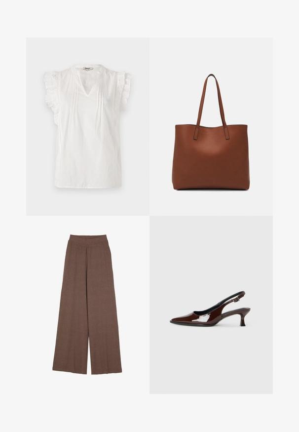 Bijela bluzica kratkih rukava s naborima, V-izrezom, plisiranjima i točkastom teksturom kroz cijelu površinu. Izrađena od laganog materijala.; Hlače širokih nogavica od teksturne, rebraste tkanine u toploj smeškastoj boji. Imaju bešavni pojas i lepršavi oblik.; Smeđe patentne kožne cipele s otvorenom petom, špicastim vrhom i umjerenom petom. Imaju remen s kopčom za sigurno pristajanje. Glatka tekstura.; Smeđa kožna torba preko ramena s glatkom teksturom, otvorenim vrhom i dvjema naramenicama. Ima minimalne šavove i nema vidljivog hardvera.