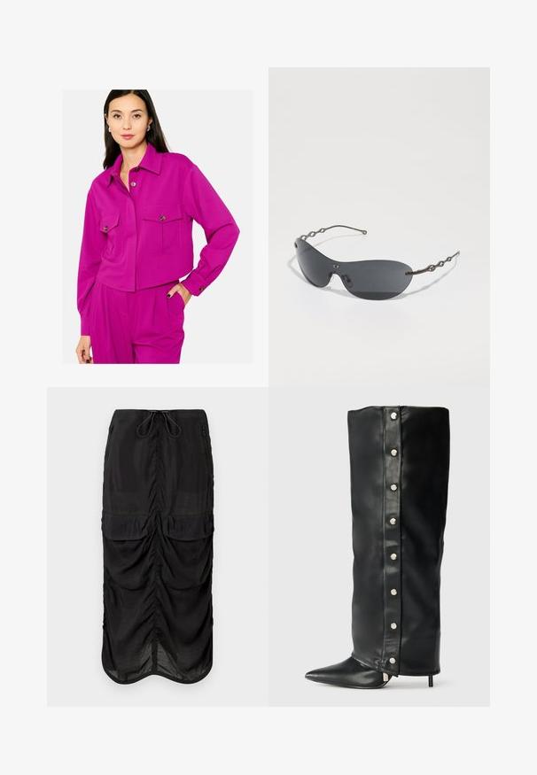 Giacca fucsia tagliata con maniche lunghe, chiusura a bottone, due tasche sul petto e vestibilità slim. Texture liscia con dettagli di cucitura discreti.; Gonna nera in tessuto leggero. Presenta dettagli arricciati, due tasche anteriori e una vita con cordoncino per la regolazione.; Stivali alti in pelle nera con tacco, caratterizzati da un design aderente, punta affusolata e dettagli con bottoni a pressione argentati lungo il lato.; Occhiali da sole con lenti grigie scure, forma curva e slanciata, e bracci metallici ondulati distintivi. La superficie è liscia con una finitura opaca sottile.; Borsa a tracolla in pelle verniciata nera con forma triangolare, dotata di zip superiore e tracolla regolabile. Logo "KARL LAGERFELD JEANS" in argento.; Collana choker a forma di fiore nero realizzata con petali sovrapposti, indossata con un top a coste nero che presenta accenti argentati lungo il colletto e le spalle.