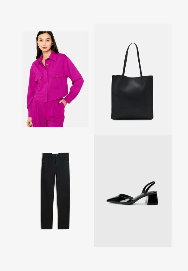 Geknipte fuchsia jas met lange mouwen, knoopsluiting, twee borstzakken en een getailleerde pasvorm. Glad oppervlak met subtiele stikdetails.; Zwarte denimbroek met een recht silhouet, vijf zakken, metalen knoopsluiting en subtiele stikdetails. Gladde textuur.; Zwarte gepatineerde leren slingback hakken met een spitse neus en een geometrische blokhak. Kenmerkt zich door een slank, minimalistisch ontwerp en een gladde textuur.; Zwarte leren handtas met een gladde textuur, rechthoekige vorm en twee lange handvaten. Geen zichtbare hardware of versieringen.