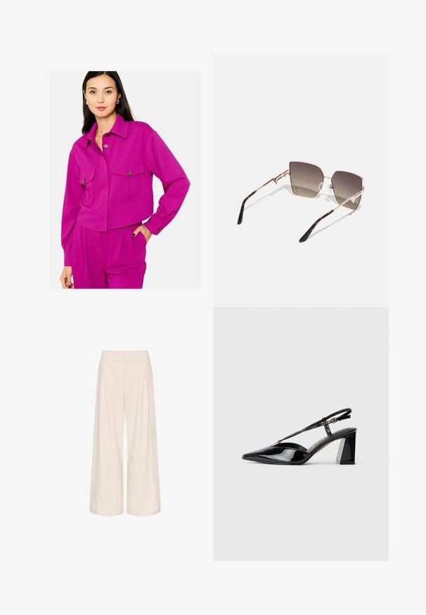 Sutrumpinta fuksijos spalvos striukė su ilgomis rankovėmis, sagčių uždarymu, dviem krūtinės kišenėmis ir pritaikytu siluetu. Lygi tekstūra su subtiliomis siuvimo detalėmis.; Kreminės plačios kelnių kojos su raukiniais, pagamintos iš lygios medžiagos. Yra aukštas liemuo ir šoniniai kišenės funkcionalumui.; Juodos lakinės odos aukštakulnės basutės su smailiu pirštu, reguliuojama juosta ir storu stačiakampiu kulnu.; Akiniai nuo saulės su rožinio aukso metaliniu rėmu, kampuotais objektyvais, kurie nuo tamsiai rudos pereina į šviesiai rudą, ir su vėžiagyvių raštu ant šventyklų.