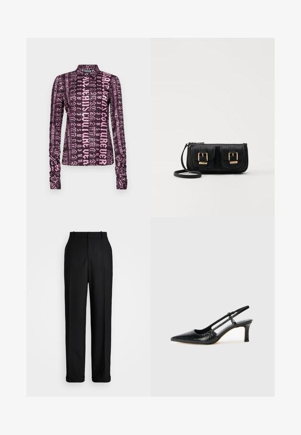 Long-sleeve blouse featuring a dark purple fabric with bold pink graphic text throughout. Includes a collared neckline and gathered sleeves.; Polo Ralph Lauren HIGH RISE RELAXED STRAIGHT TROUSER - Trousers - black; Black patent slingback heel with a pointed toe, featuring textured snake print, adjustable strap, and a short, textured block heel.; Black leather crossbody bag with two front pockets, gold buckles, zipper closure, and a slim strap. Textured surface and compact rectangular shape.