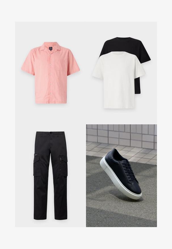 Camisa rosa de manga corta hecha de un tejido ligero, con un cierre frontal de botones, cuello y un único bolsillo en el pecho. Diseño y textura simples.; Conjunto de camisetas de algodón que incluye una camiseta negra y una blanca, ambas con mangas cortas, escote redondo y corte estándar. Tejido texturizado.; Pantalones cargo negros con múltiples bolsillos, un bolsillo con cremallera en el muslo, corte recto y tejido de algodón resistente con un ligero brillo.; Zapatilla de cuero negro con punta redonda y suela de goma blanca. Presenta cordones planos y un mínimo de costuras en la parte superior. Suela texturizada para proporcionar agarre.