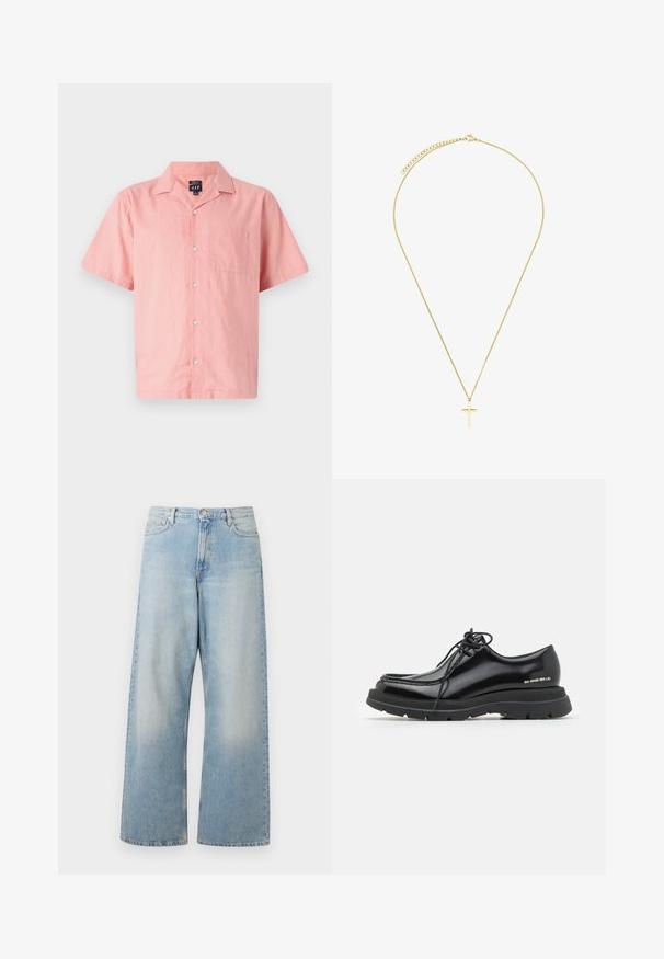 Korte mouwen, roze shirt van lichtgewicht stof met een knoopsluiting aan de voorkant, kraag en een enkele borstzak. Eenvoudig ontwerp en textuur.; Lichtblauwe wijde jeans van denim, met een hoge taille, voorzakken en een vervaagde wasbeurt met subtiele slijtageplekken op de dijen.; Zwarte leren nette schoen met een ronde neus, dikke rubberen zool, vetersluiting en opvallende stiksels langs de rand.; Gouden ketting met een eenvoudige kruisbedel. De ketting heeft een textuur met een fijn schakelontwerp, en de bedel is glad met een gepolijste afwerking.