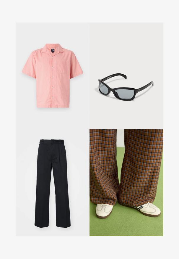 Lyhyet hihat, vaaleanpunainen paita, joka on valmistettu kevyestä kankaasta. Siinä on nappikiinnitys edessä, kaulus ja yksi rintatasku. Yksinkertainen muotoilu ja pinta.; Mustat leveät housut, jotka on valmistettu kudotusta kankaasta ja joissa on tasainen etuosa, vyölenkit ja sivutaskut, jotka ovat sileäpintaisia.; Ruskonsin ja sininen ruutukuvioinen leveälahkeinen housut yhdistettynä valkoisiin kenkiin, joissa on mustia yksityiskohtia ja tekstuuripohjat, vihreää taustaa vasten.; Mustat aurinkolasit, joissa on tyylikkäästi kulmikas muotoilu. Varustettu harmailla linsseillä ja kiiltävillä muovikehyksillä. Sisältää pieniä metallikoristeita ja brändäystä vartta pitkin.