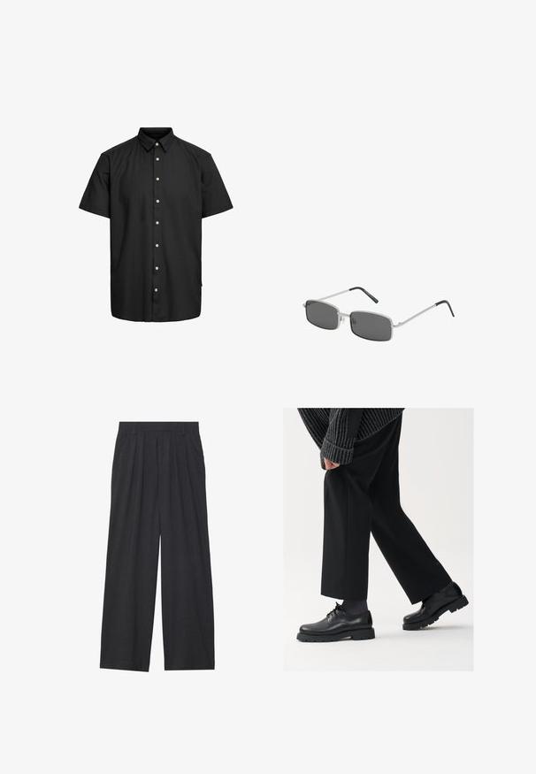 Crna kratkotrajna košulja od glatkog materijala, s kragnom na dugmad, prednjim dugmadi s svijetlim naglascima i ravnim donjim rubom.; Crni rebrasti majica bez rukava s okruglim izrezom i širokim izrezima za ruke, izrađena od mekog, rastezljivog materijala. Etiketa: Pull&Bear.; Hlače širokih nogavica napravljene od tamnosive tkanine. Imaju nabore na struku, kroj prilagođen tijelu i ravnu siluetu.; Crne kožne cipele s okruglim nosom, dizajnom na vezivanje i debelim, teksturiranim potplatom. Nosive s krojenim crnim hlačama i rebrastim puloverom.; Naočale u obliku pravokutnika s tamnosivim staklima, tankim okvirom od srebrnog metala i crnim gumiranim završecima na šipkama. Minimalistički dizajn.; Crni kožni sat s okruglom srebrnom kućištem, srebrno-sivim brojčanikom, bijelim rimskim brojevima i prikazom datuma za srijedu.