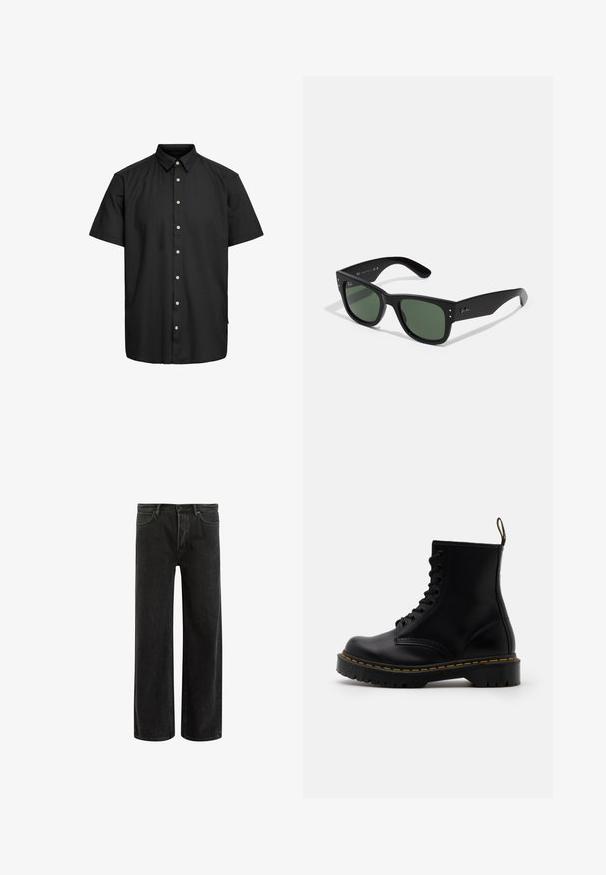 Čierna krátkropá rukávová košeľa vyrobená z hladkej tkaniny, s golierom na gombíky, prednými gombíkmi s svetlými akcentmi a priamym strihom.; Čierny top bez rukávov s okrúhlym výstrihom a širokými ramienkami. Vyrobený z mäkkej tkaniny, s hladkou textúrou a jednoduchým dizajnom.; Čierne džínsy s širokými nohavicami a vysokým pásom, so classic piatimi vreckami a jemným vyblednutím pre textúrovaný vzhľad.; Čierne kožené členkové čižmy s šnurovaním vpredu, žltým prešívaním, okrúhlou špičkou a hrubou, textúrovanou gumovou podrážkou.; Čierne obdĺžnikové slnečné okuliare so zelenými šošovkami, matný povrch, subtilné detaily a embosovaný logo na stranici.