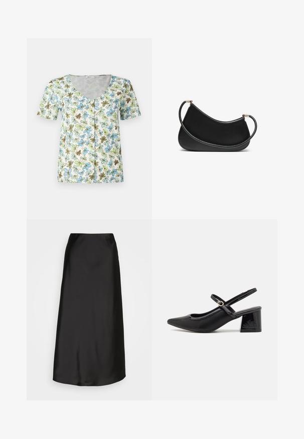 Floral kortemouwtop met een V-hals, knoopsluiting en een witte achtergrond met blauwe, groene en bruine bloemenpatronen.; Zwarte satijnen midi-rok met een gladde textuur, A-lijn vorm en een subtiele glans. Heeft een slank, eenvoudig ontwerp zonder versieringen.; Zwarte gepolijste leren slingback hakken met een spitse neus, een ronde uitsnede en een blokhak. Voorzien van een gouden gespaccent.; Zwarte leren schoudertas met een gebogen ontwerp, voorzien van een gestructureerde schouderband en goudkleurige hardware bij de bovenste sluiting. Glad afgewerkt.