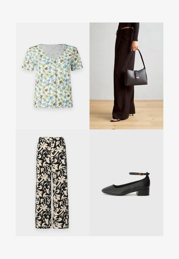 Gėlių trumpomis rankovėmis marškiniai su V formos iškirpte, sagų priekyje ir baltu fono su mėlynomis, žaliomis ir rudomis gėlėmis.; Juodas trumpomis rankovėmis viršus, pagamintas iš lygaus audinio, su peplum dizainu ir su diržu juosmenyje, papuoštas dviem apvaliomis sidabro spalvos mygtukais.; Juodos plačios kojos kelnės su grietinėlės spalvos gėlių raštu. Pagamintos iš lengvos medžiagos, pasižyminčios lygiapass viršutine tekstūra ir aukštu liemeniu.; Juodas odinis aukštakulnis batelis su smailiu pirštu ir žemu bloku. Su kulkšnies dirželiu su auksinės spalvos sagtimi. Lygus paviršius.; Juodas rankinė struktūrizuota forma, lygi tekstūra ir metalinis užsegimas. Suporuota su plačiomis juodomis kelnėmis ir atvirais bateliais ant medinių grindų.