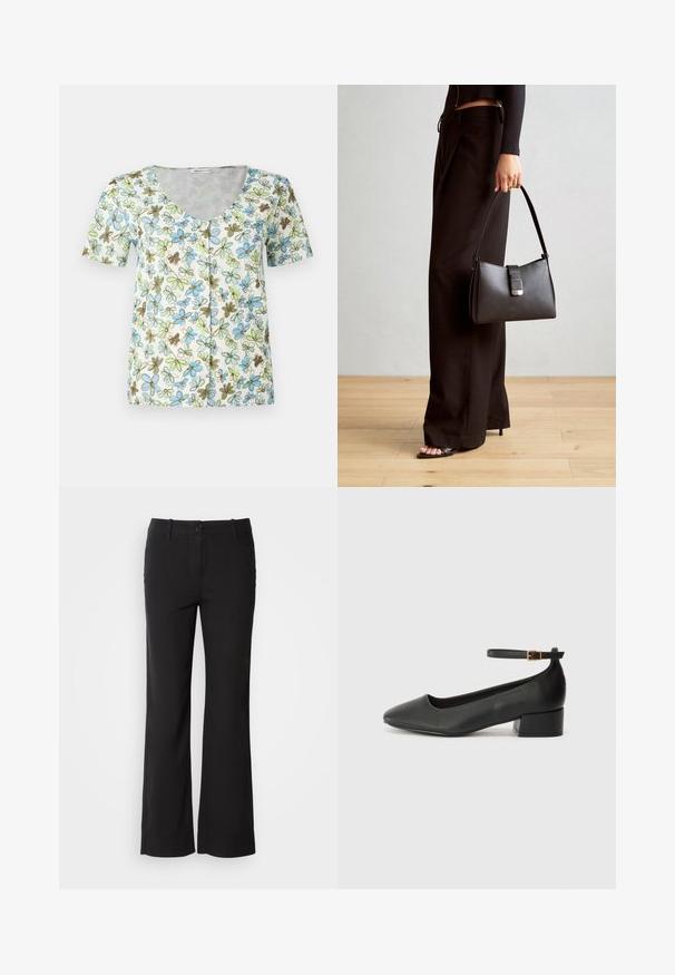 Ziedu krekliņš ar īsām piedurknēm, V veida kakla izgriezumu, pogu priekšpusi un baltu fonu ar zilu, zaļu un brūnu ziedu rakstu.; Melni kokvilnas auduma bikses ar taisnu kāju dizainu, priekšējo pogu aizdari un divām sānu kabatām. Gluda tekstūra, bez redzamām rakstu zīmēm.; Melnas ādas sūkņi ar smailu purngalu un zemu bloku papēdi. Iezīmēts ar potītes siksniņu ar zelta krāsas sprādzi. Gluda tekstūra.; Melnā somiņa ar strukturētu formu, gludu tekstūru un metālu sprādzi. Saskaņota ar platām melnām biksēm un sandālēm ar atvērtu purngalu uz koka grīdas.