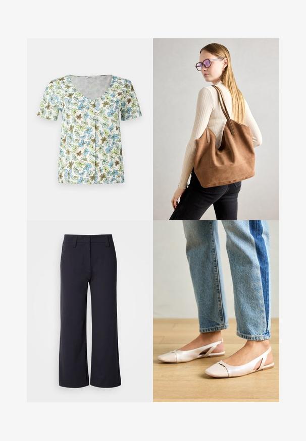 Blumen-T-Shirt mit kurzen Ärmeln, V-Ausschnitt, Knopfleiste und einem weißen Hintergrund mit blauen, grünen und braunen Blumenmustern.; Weite Hosen aus dunklem Marineblau. Mit flachem Bund, Gürtelschlaufen und seitlichen Taschen. Das Material ist glatt und hat einen leichten Stretch.; Blassrosa Slingback-Ballerinas mit spitzem Punkt, aus einem glatten, lederähnlichen Material. Mit Ausschnitten an den Seiten und einem flachen Absatz.; Braune Wildleder-Tasche mit weicher Textur, großer Öffnung und langen Trägern. Sie verfügt über ein simples Design mit sichtbarem Stich und ohne Beschläge.