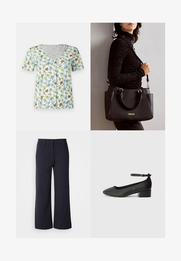 Floral short-sleeve top featuring a V-neck, button front, and a white background with blue, green, and brown flower patterns.; Wide-leg trousers in dark navy fabric. Features a flat front, belt loops, and side pockets. The material is smooth with a slight stretch.; Black leather pump with a pointed toe and a low block heel. Features an ankle strap with a gold-tone buckle. Smooth texture.; Black handbag with textured surface, dual top handles, and adjustable shoulder strap. Features gold-tone hardware and side pockets.