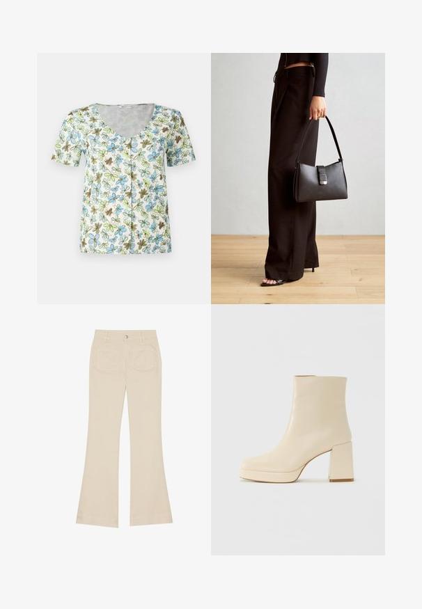 Blomstrete kortermet topp med V-hals, knapplukking foran og hvit bakgrunn med blå, grønne og brune blomster mønstre.; Beige bukse med vide ben og høy midje, laget av bomullsstoff. Har front- og baklommer, beltehemper og en enkel sølvknapp.; Beige lærankelstøvlett med blokkhæl og plattformsåle, glatt overflate og lett firkantet tå, vendt mot venstre på hvit bakgrunn.; Svart håndveske med strukturert form, jevn tekstur og metallisk lås. Kombinert med brede svarte bukser og sandaler med åpen tå på tregulv.