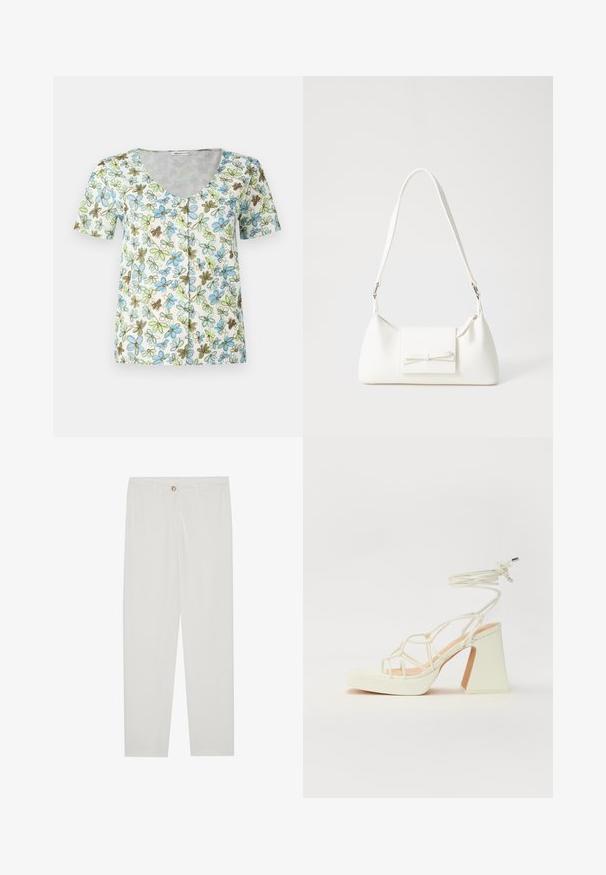 Kvetovaný top s krátkym rukávom, s výstrihom do V, zapínaním na gombíky a bielym pozadím, na ktorom sú modré, zelené a hnedé vzory kvetov.; Biele, priliehavé nohavice s rovnými nohavicami, so zapínaním na gombík, pútkami na opasok a bočnými vreckami; hladká textúra látky.; Biele sandále na vysokom opätku s hrubým podpätkom, s pruhovaným dizajnom a viazaním na členku. Hladký povrch s platformou vpredu pre zvýšenú výšku.; Biela syntetická kabelka s trojuholníkovým tvarom, plochým predným klapkou a detailom mašle, nastaviteľným popruhom, hladkou textúrou a minimalistickým dizajnom.