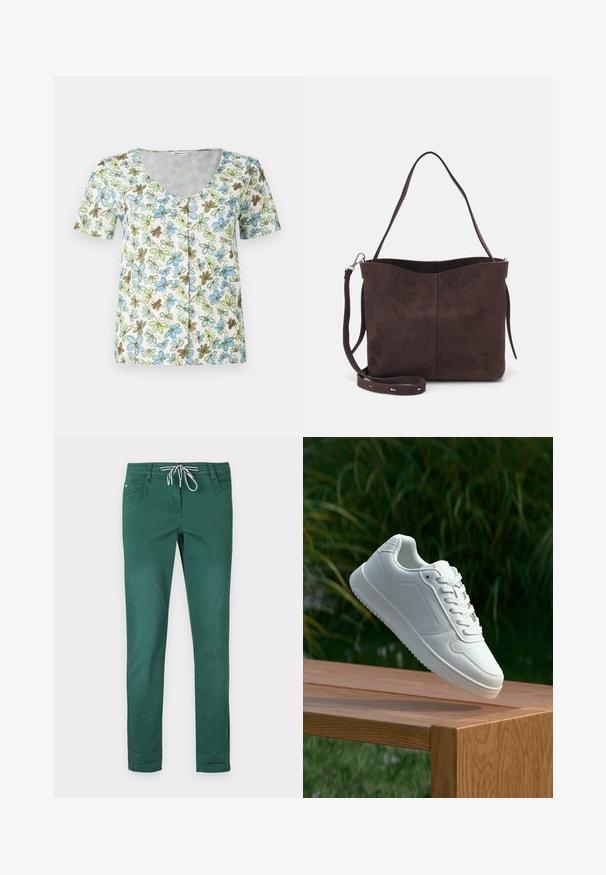 Lyhythihainen kukkaneule, jossa on V-pääntie, napitus edessä ja valkoinen tausta sinisiä, vihreitä ja ruskeita kukkakuvioita.; Vihreät puuvillasekoitetekstiilistä valmistetut housut, joissa on suora lahje, naru vyötäröllä ja kaksi etutaskua. Liukas pinta ilman kuvioita.; Valkoiset tennarit, joissa on sileä synteettinen päällinen, rei'itetty varvasosa, litteät nauhat ja teksturoitu pohja, esillä puupinnalla.; Ruskea mokkanahkainen kassi, jonka pinta on pehmeä. Kassissa on yksi olkahihna ja hienovarainen, kaareva yläaukeama. Ei näkyviä metalliosia.