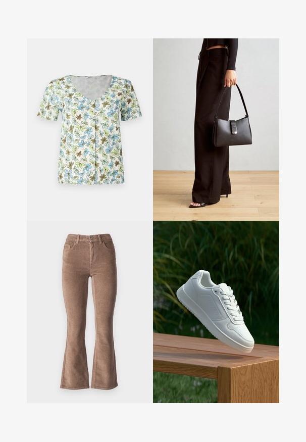 Virágmintás, rövid ujjú felső, V-nyakkal és gombos elülső résszel, fehér háttérrel, kék, zöld és barna virágmintákkal.; Barna kordbársonyos harangszárú nadrág, bordás textúrával, magas derekú fazonban, öt zsebbel és elülső gombos záródással.; Fehér sportcipő sima szintetikus felsőrésszel, perforált lábujjrész, lapos fűzőkkel és texturált talppal, fából készült felületen kihelyezve.; Fekete kézi táska strukturált formával, sima textúrával és fémből készült záródással. Széles fekete nadrággal és nyitott orrú szandállal párosítva, fából készült padlón.